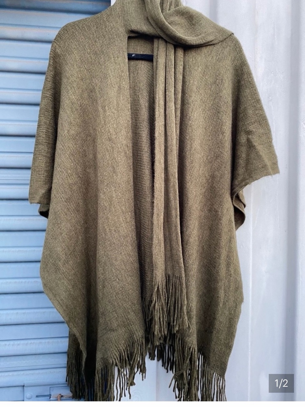 Olive Fringe Knit Poncho with Scarf - Women
